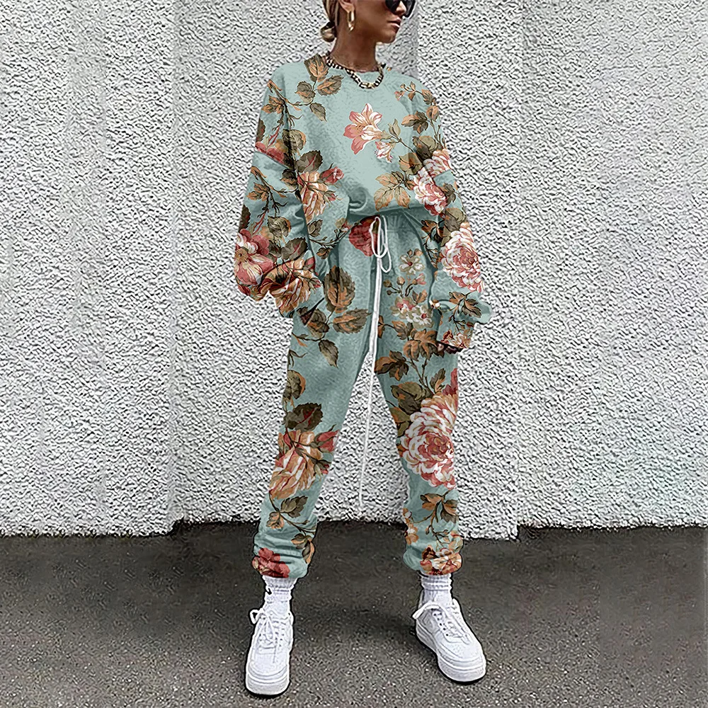 Conjuntos de dos piezas para mujer, chándal con estampado floral, trajes deportivos informales de manga larga, sudaderas y pantalones largos para primavera y otoño