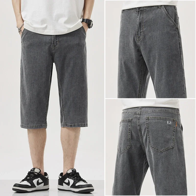 

Мужские укороченные брюки, лето 2024, тонкие теннисные джинсовые шорты, свободные брюки для повседневных поездок на работу, повседневные и универсальные брюки большого размера