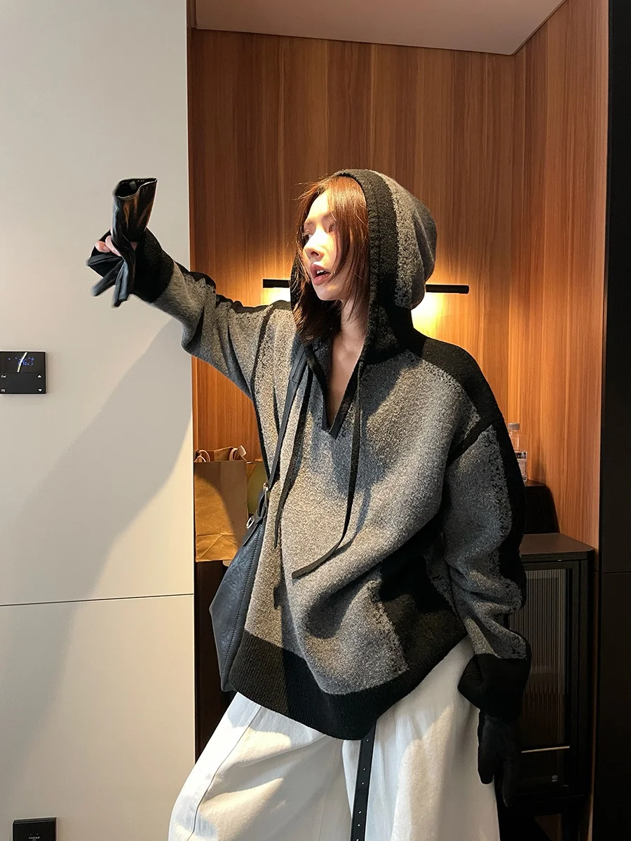 

Вязаный свитер JCCC adow adient Color Blo с капюшоном, защита от катышков, длинный рукав, повседневный стиль, женская модная осенне-зимняя кофта