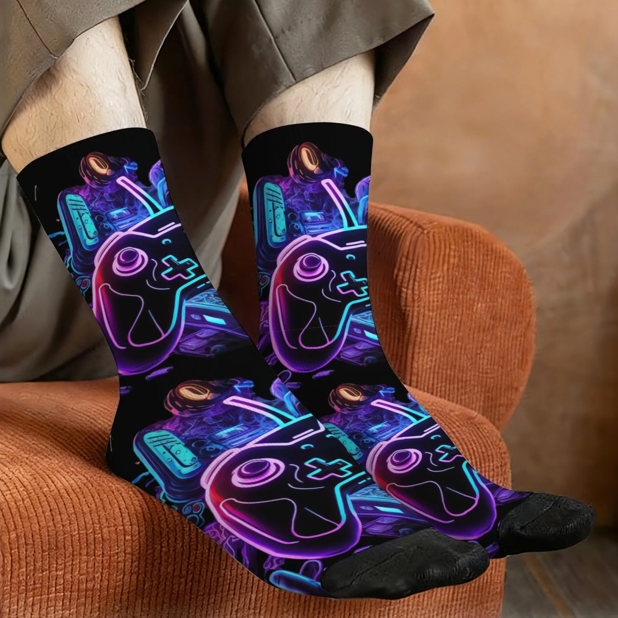 Retro-inspired Edgy Cyberpunk Neon-style Mid-calf Socks Game Controller Prints Comfortable Breathable Soft Street Style Socks
