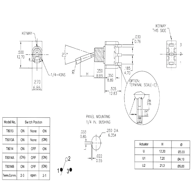 Palanca plana SH piezas de 5 T8014-U, Mini interruptor de palanca SPDT de 3 posiciones con enganche ON-OFF-ON de 3 pines