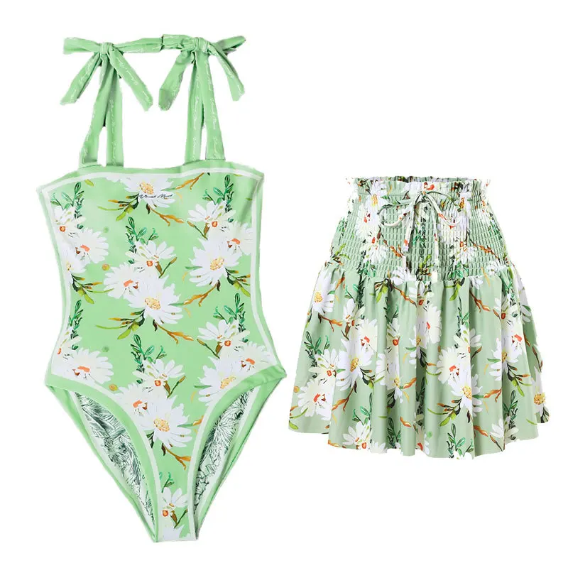 New Women Swimsuit One Piece Double Sided Printing High Quality With Short Skirt Swimwear Set INS Fashion Style Bathing Suit