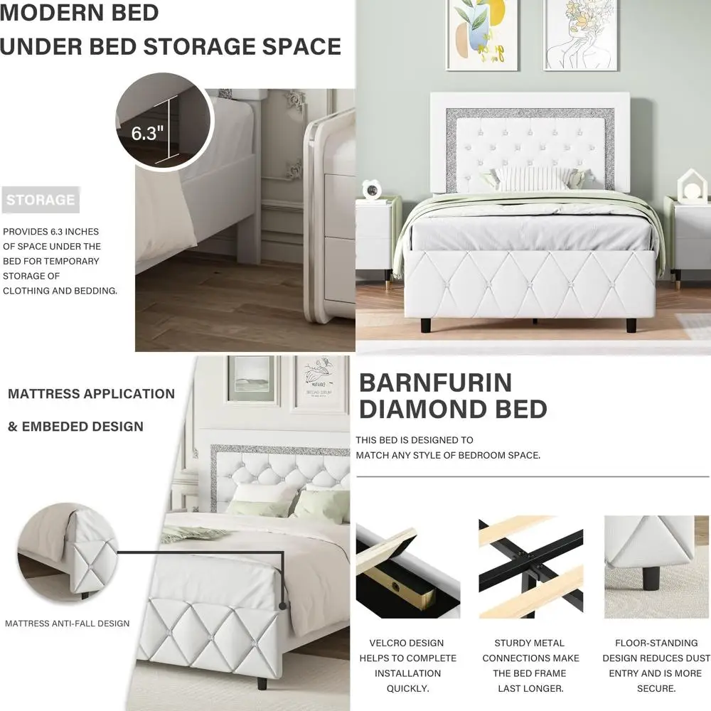 

White Twin Bed with Diamond Stitched Leather Upholstery, No Box Spring Needed, Easy Assembly, Suitable for Kids