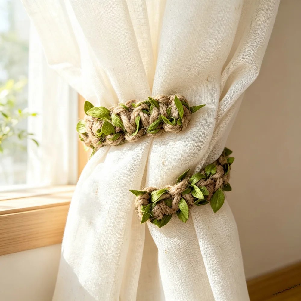 Bohemian Green Leaf Jute Curtain Tiebacks, Hand Woven Flexible Twist Curtain Straps