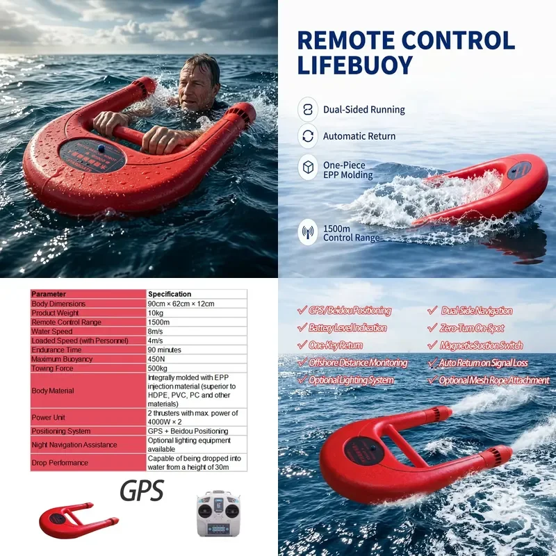 Smart GPS Remote Control Lifebuoy - 8m/s High Speed Water Rescue Auto-Return 500KG Towing Capacity for Maritime