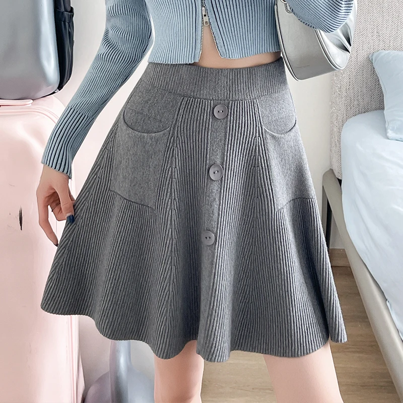 Women Skirt Korean Y2K High Street Slim Knit Midi High Waist Sexy Button Pocket Solid Color A-Line Casual Autumn Winter Fashion