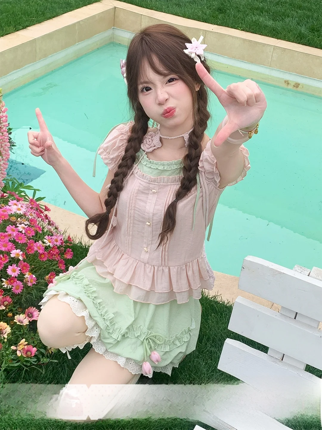 

Sinsingirl Sweet Green Lemon Balaclava Summer Fashion Set with Ruffle Waist Tulip Bud Skirt Short Sleeve round Neck Floral Print