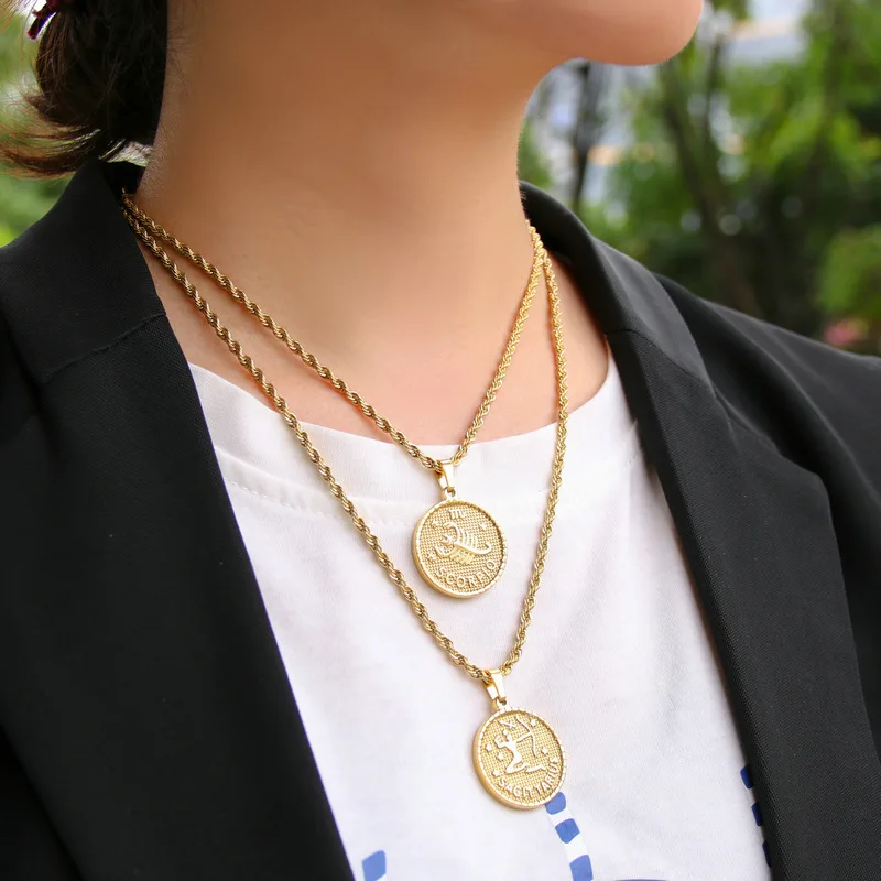 Gorąca sprzedaż Nowa stal nierdzewna 316L platerowana złotem 12 znaków zodiaku Okrągły naszyjnik Moda Biżuteria na prezent dla mężczyzn i kobiet — zdjęcie 3