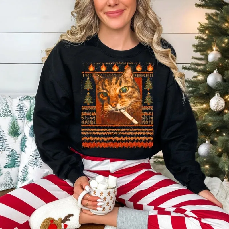 เสื้อสเวตเชิ้ตลายแมวสูบบุหรี่ตลกๆ สำหรับคริสต์มาส, เสื้อสเวตเตอร์ลายตลก, ของขวัญคริสต์มาสสำหรับคนรักแมว ใส่กันหนาวในฤดูหนาว แฟชั่นสตรีทแวร์ เสื้อฮู้ดดี้