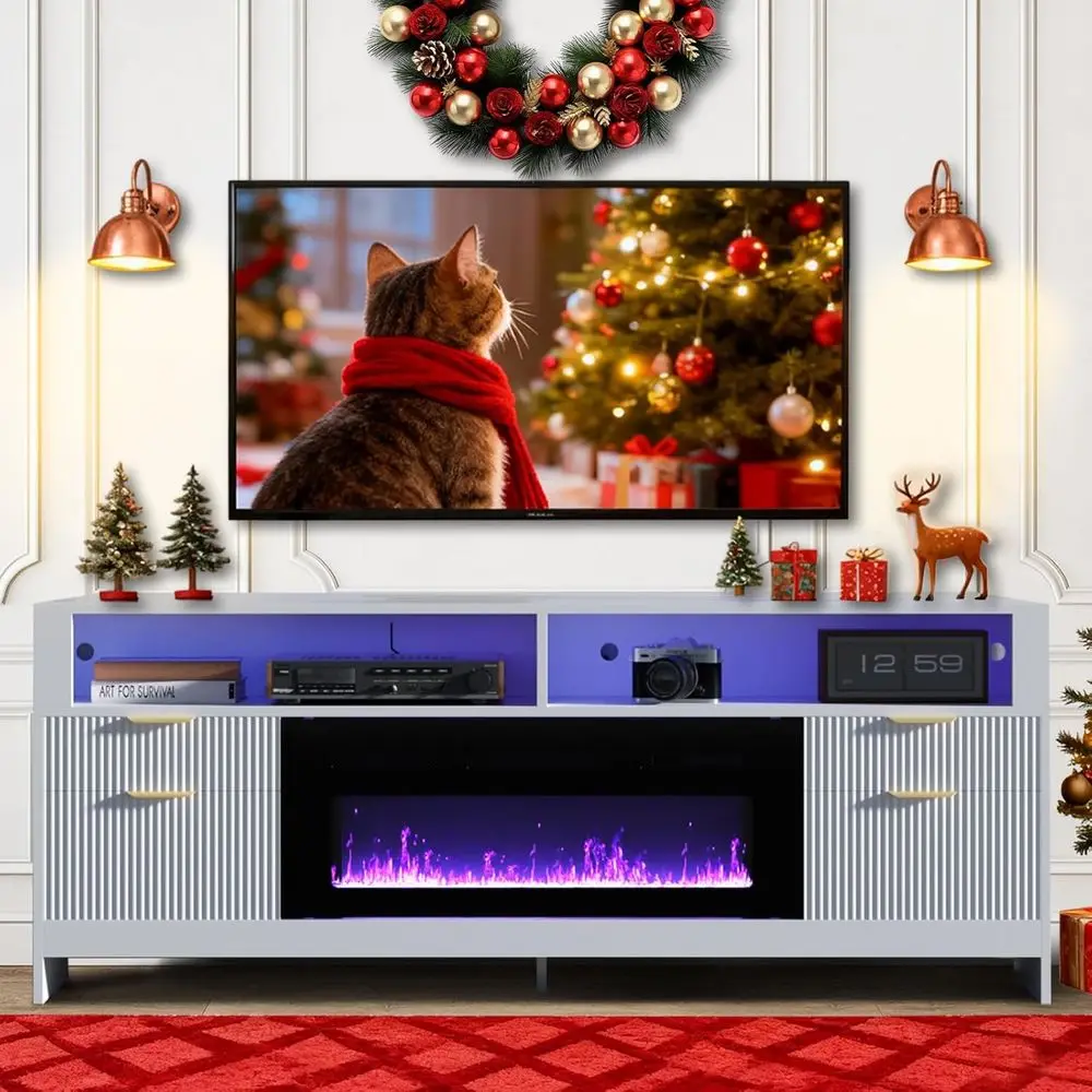 36 Electric Fireplace LED Entertainment Center with Storage Cabinet for TVs up to 80, White