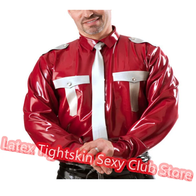 

Handmade Men Latex Top Front Zip T-Shirt Long Sleeves Shirt Man Sexy Tops Rubber Suit Red with Silver Cosplay Costume