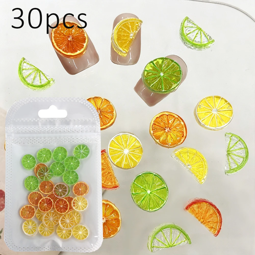 Mix 30Pcs 3D Resin Fruit Nail Charms, Realistic Lemon Lime Orange Slices Nail Art Decorations, Summer Cute Mini Nail Accessories