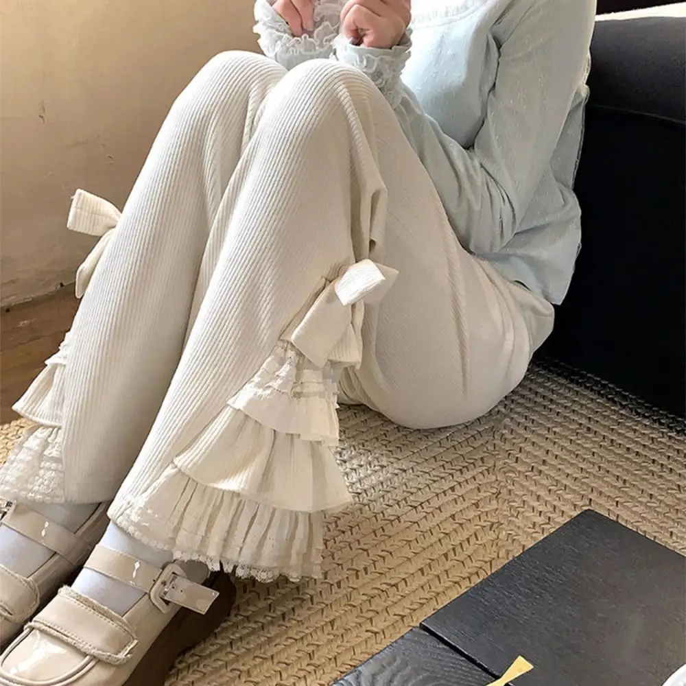 

Y2k Young Women Corduroy Micro Flared Pants Baggy Casual Wide Leg Trousers Sweet High Waist Lace Bow Flared Pants Party