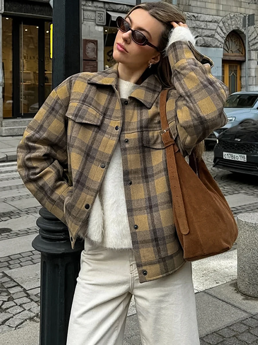 

Autumn Vintage Plaid Jacket Chic Long Sleeve Turndown Collar Woolen Outerwear Streetwear Fashion Button Up Women's Coat 2024 New