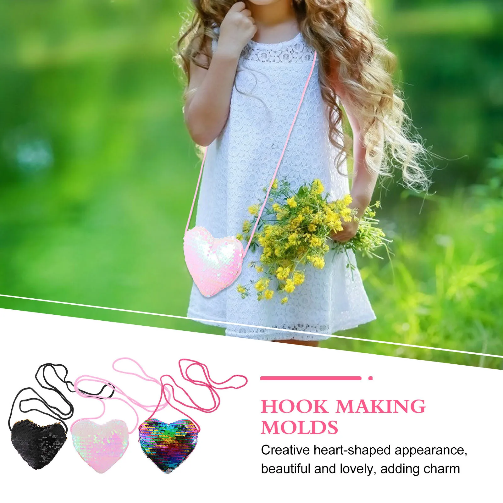 

3Pcs Heart Shape Wallets Durable Material Convenient Portable Chic Sequin Coin Purse Lanyard Strap Heart Shape Wallet