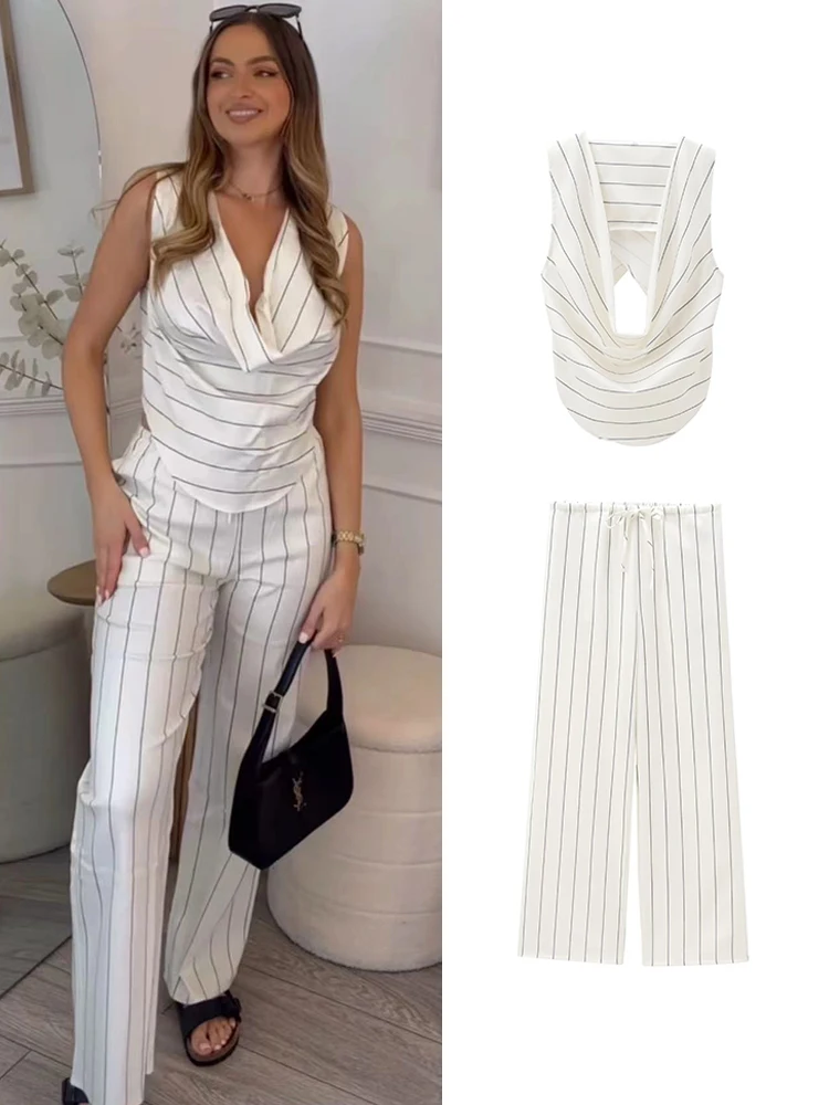 2 Pieces Women Striped Top Trousers Suit 2024 Fashion Ladies Pile Collar Backless Tops Drawstring Straight Pant Causal Outfits