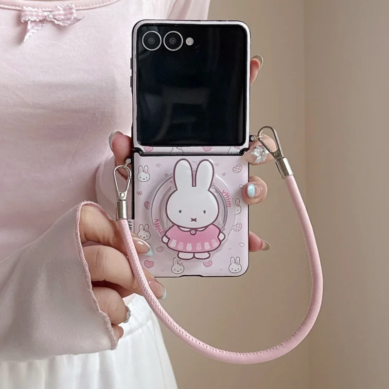 

Fashion Pink Little Love Heart Miffy Rabbit Magnetic Phone Case For Samsung Galaxy Z Flip 7 6 5 ZFlip6 Cover with Stand Cute Cas