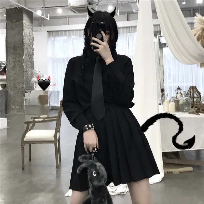 HOUZHOU Gothic Pleated Skirt Autumn Women Mall Goth Punk High Waist Black Mini Skirts Japanese Preppy Style Dark Academia Alt