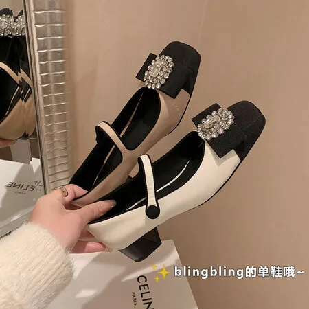 

Bow Knot Sheepskin Shallow Mouth Single Shoe for Women's 2024 Spring New Thick Heel Square Toe Rhinestone High Heels 2024