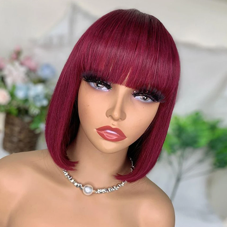 Brazilian 99J Red Short Bob Human Hair Wig With Fringe For Women Straight Remy Hair Bob Wigs With Bangs Ginger Orange Color