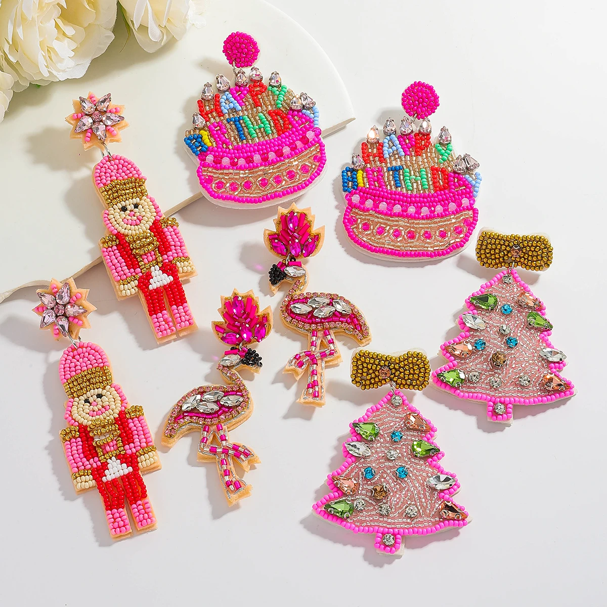 

Bohemia Handmade Pink Beaded Christmas Tree Soldier Dangle Earrings For Women Christmas Holiday Party Ear Jewelry Gift For Girl