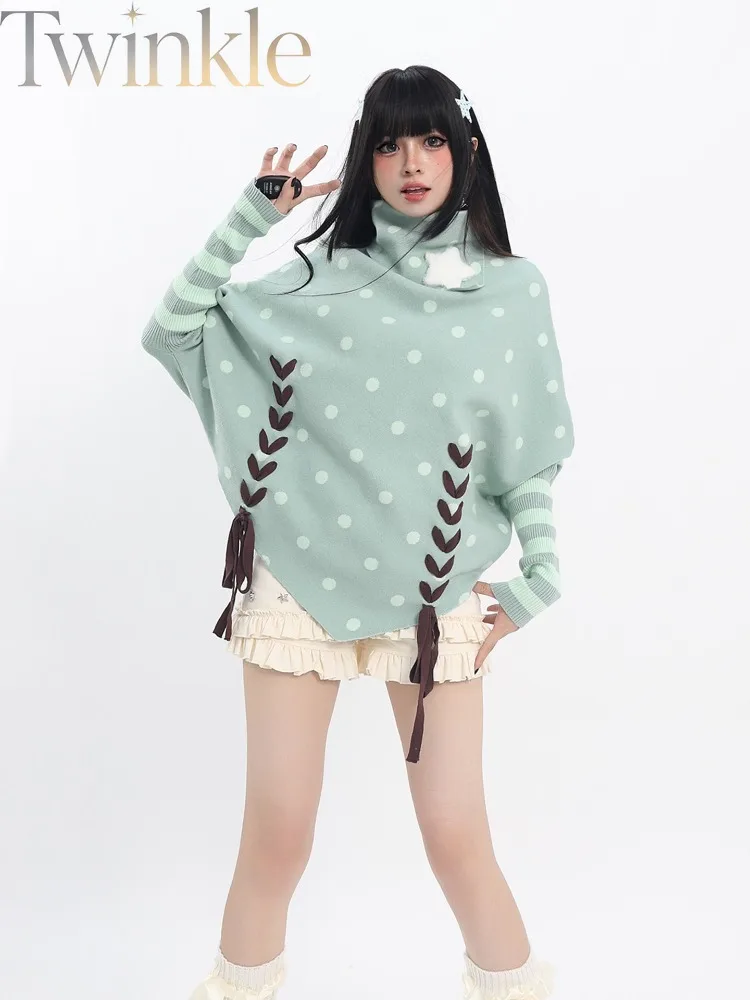 Lace Up Cardigan Sweater Women Y2K Polka Dot Star Green Knit Top Kawaii Harajuku Soft Girl Fall Winter Open Front Knitwear