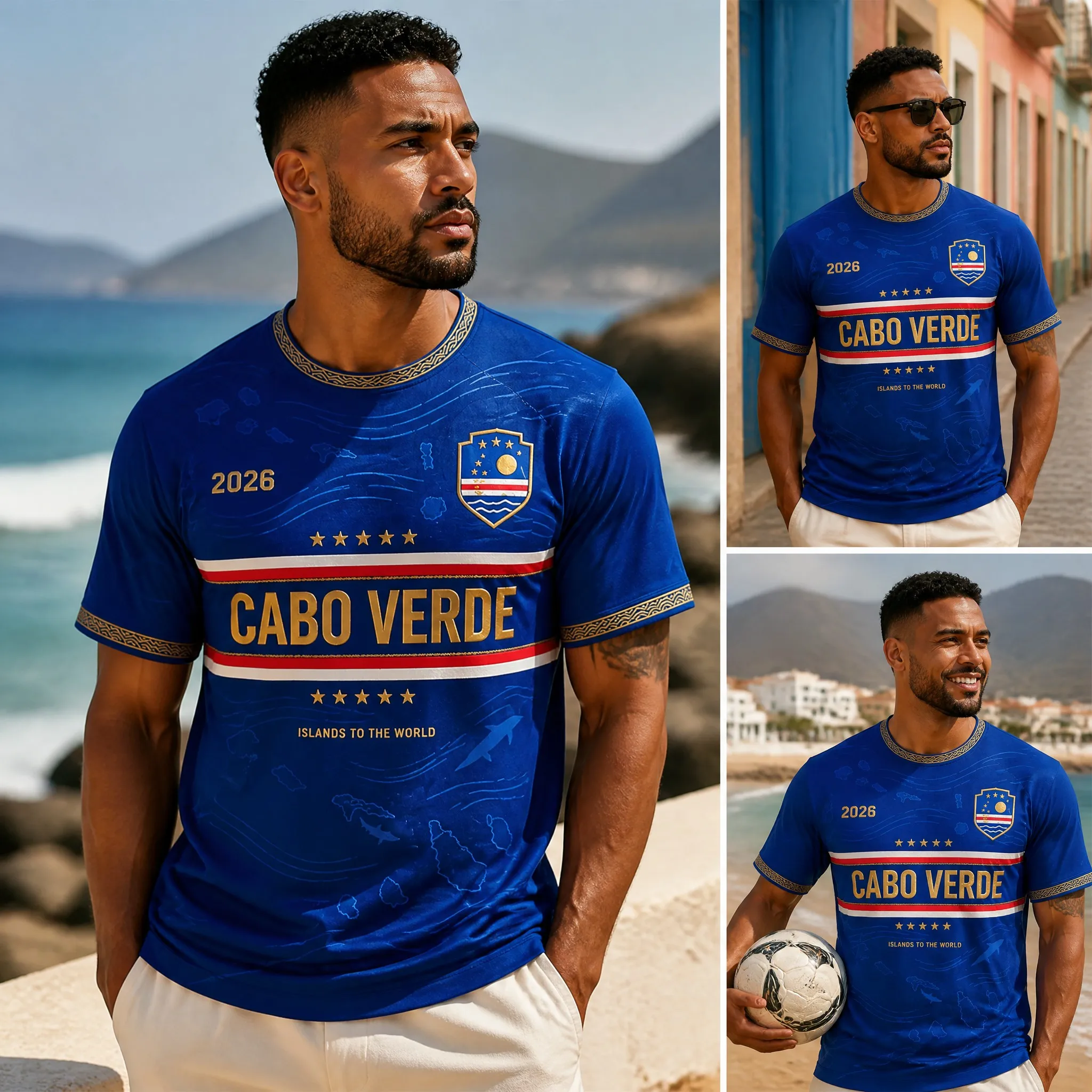 Mens Cabo Verde Crew Neck T Shirt Blue Stripe Badge Print Short Sleeve Casual Top Island Pride Beach Summer Style Travel Outfits
