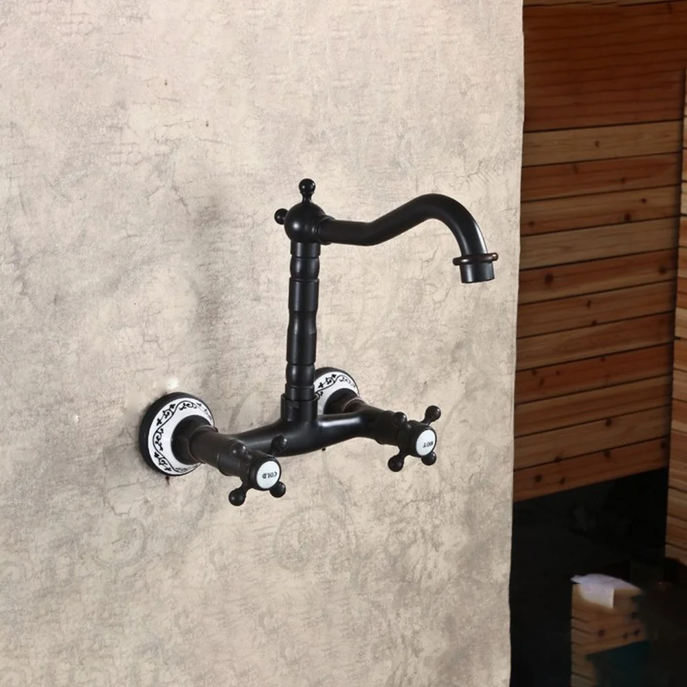 

Черный настенный смеситель для кухонной мойки с поворотным изливом, латунный, с двумя рукоятками, для раковины Nnf328