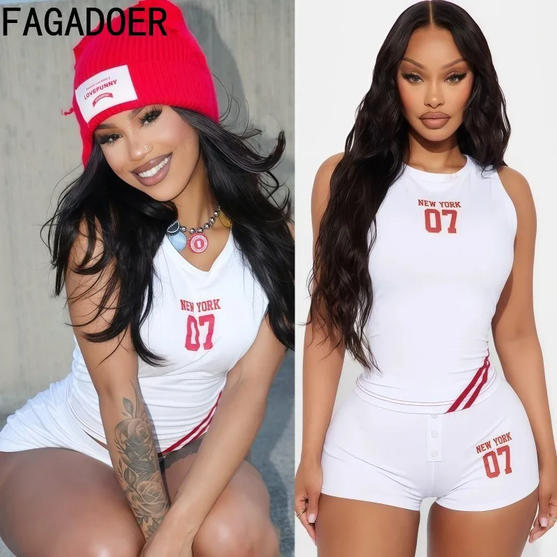

FAGADOER Fashion Letter Printing 2 Pieces Set for Woman Sleeveless Vest Top + Skinny Shorts Suit Female Streetwear Clothing New