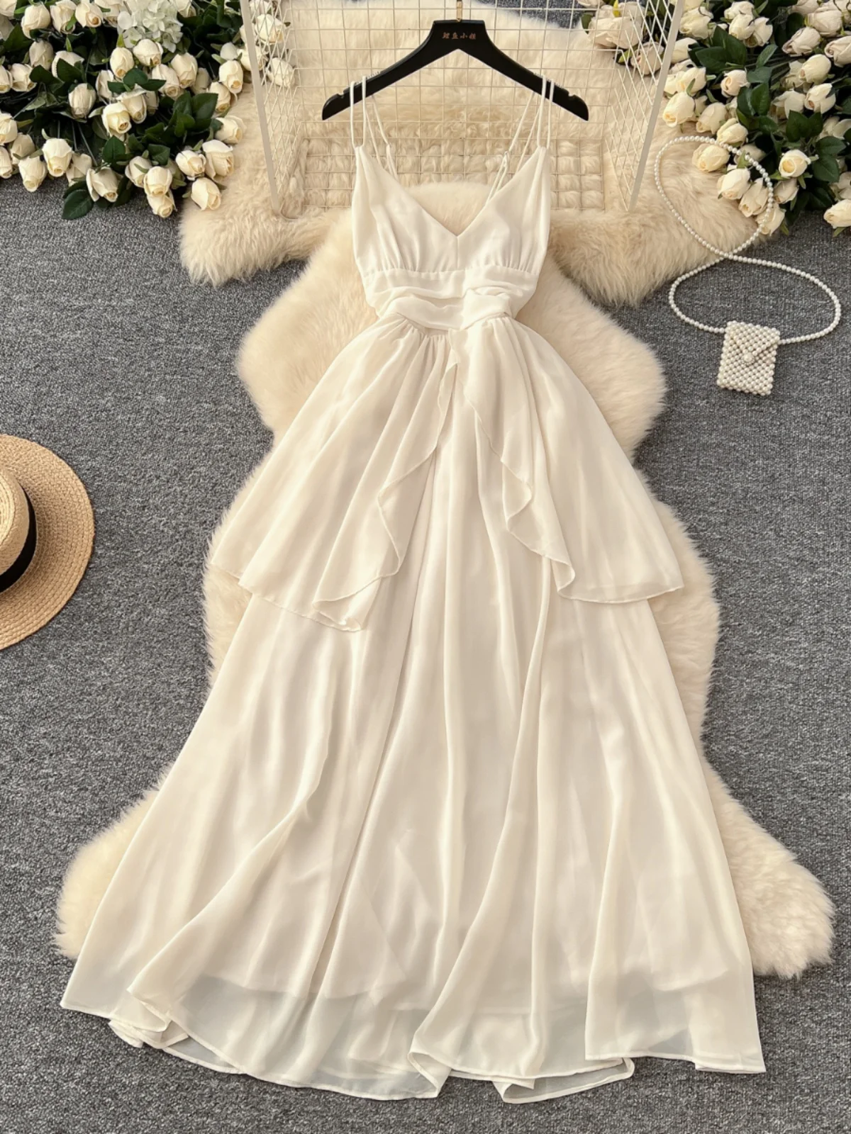 

Holiday Bohemian Beach Fairy Dress Women Summer French V-neck Backless Ruffled Strap Chiffon Long Dress Evening Party Dresses