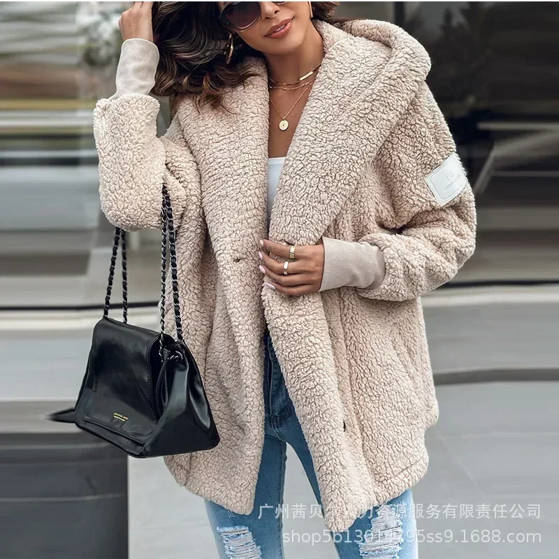 Lamb Leather Jacket Coat Women Long Sleeve Fleece Coats Outwear Buttoned Pocket Design Trend Hooded Keep Warm Teddy Coat