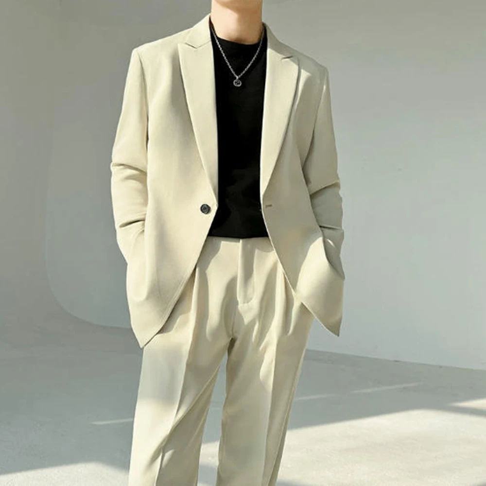

High Texture Style Men's Beige Casual Suit 2 Piece Blazer Pants Set Peak Lapel Single-Breasted Loose Formal Office Daily Wear