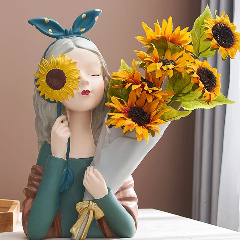 Bouquet Girl Flower Vase Resin Vase Dried Flower Container Vases Body Sculpture Desktop Living Room Home Decoration Ornaments