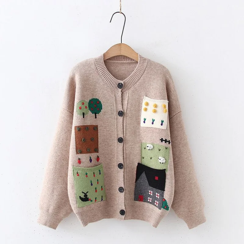 Korean version cardigan sweater women 2023 summer casual contrast color patchwork pocket loose o neck cardigan sweater for women