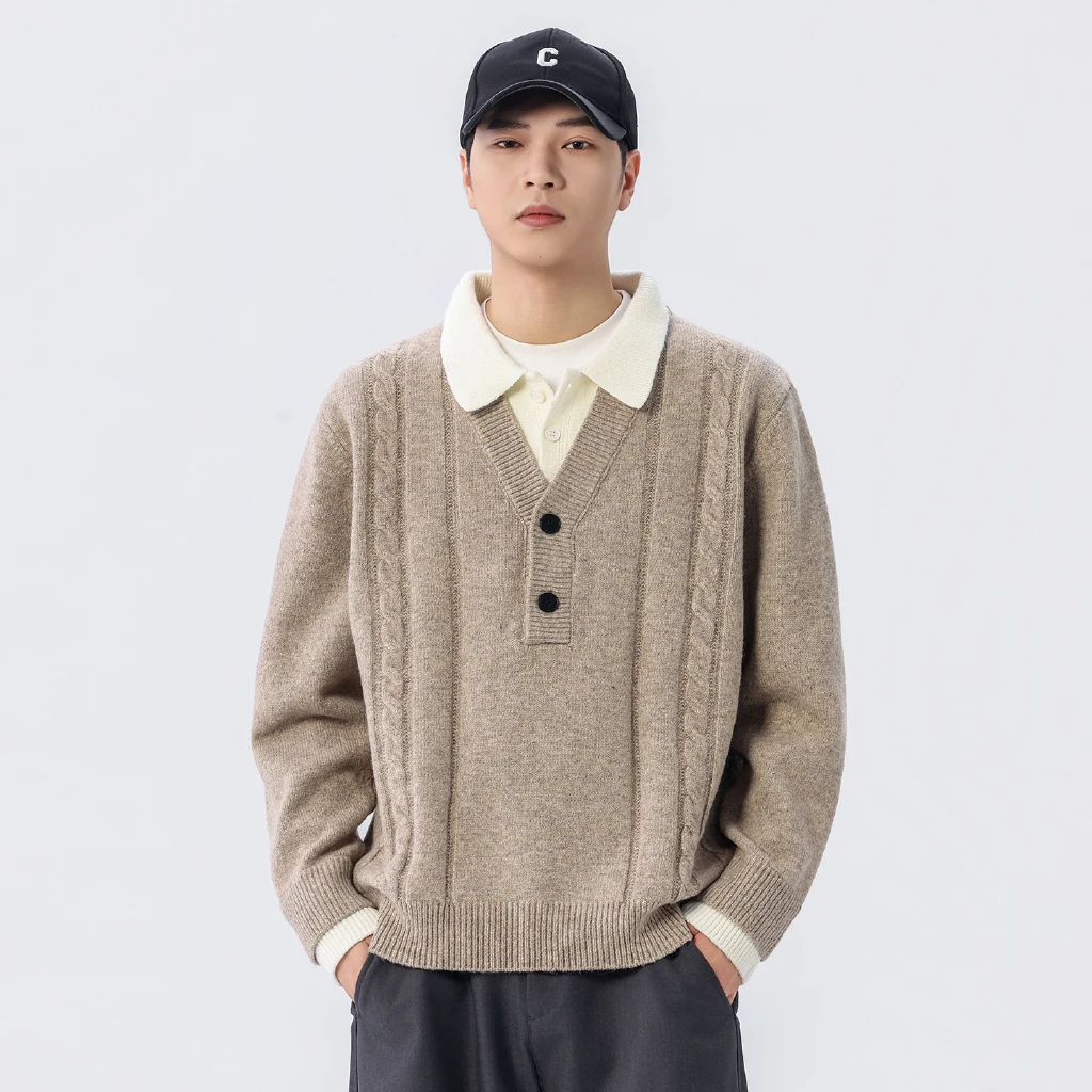 Splice Collar Pullover Sweater Men Fashion Vintage Casual Commute Autumn Winter Jumper Knitted Sweater Tops