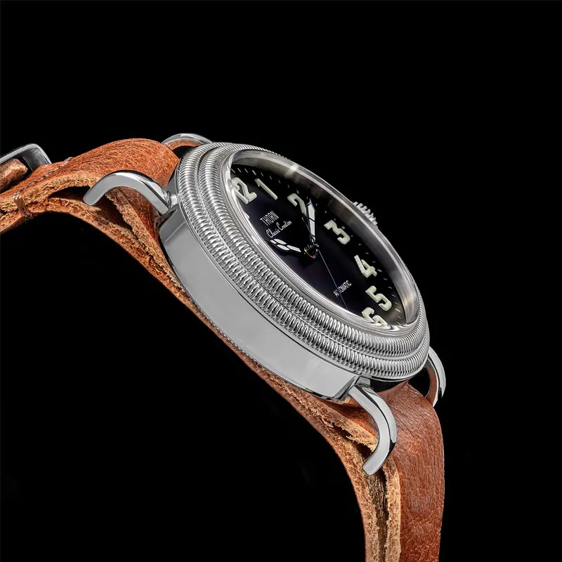 THORN Men's Vintage Pilot Watch 41mm Black Dial Sapphire Coin Bezel PT5000 Automatic Movement 10Bar Water Resistant C3 Lumed