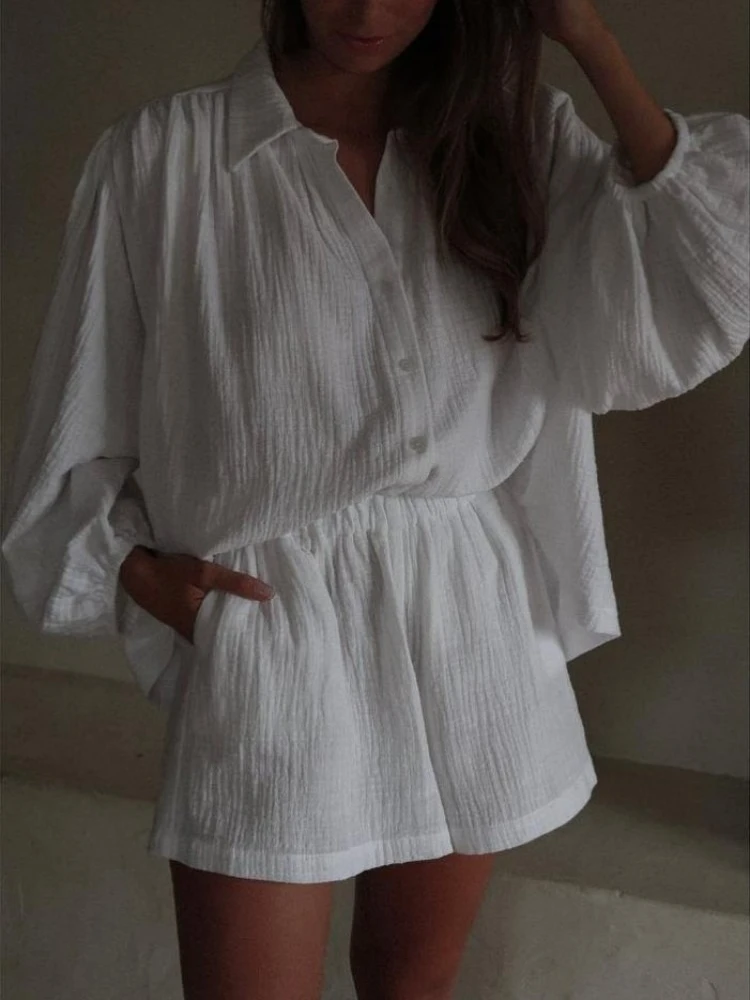 2023 летняя мода, новый женский элегантный стиль для поездок на работу, уличный стиль, повседневный топ с длинными рукавами, шорты, комплект из двух предметов