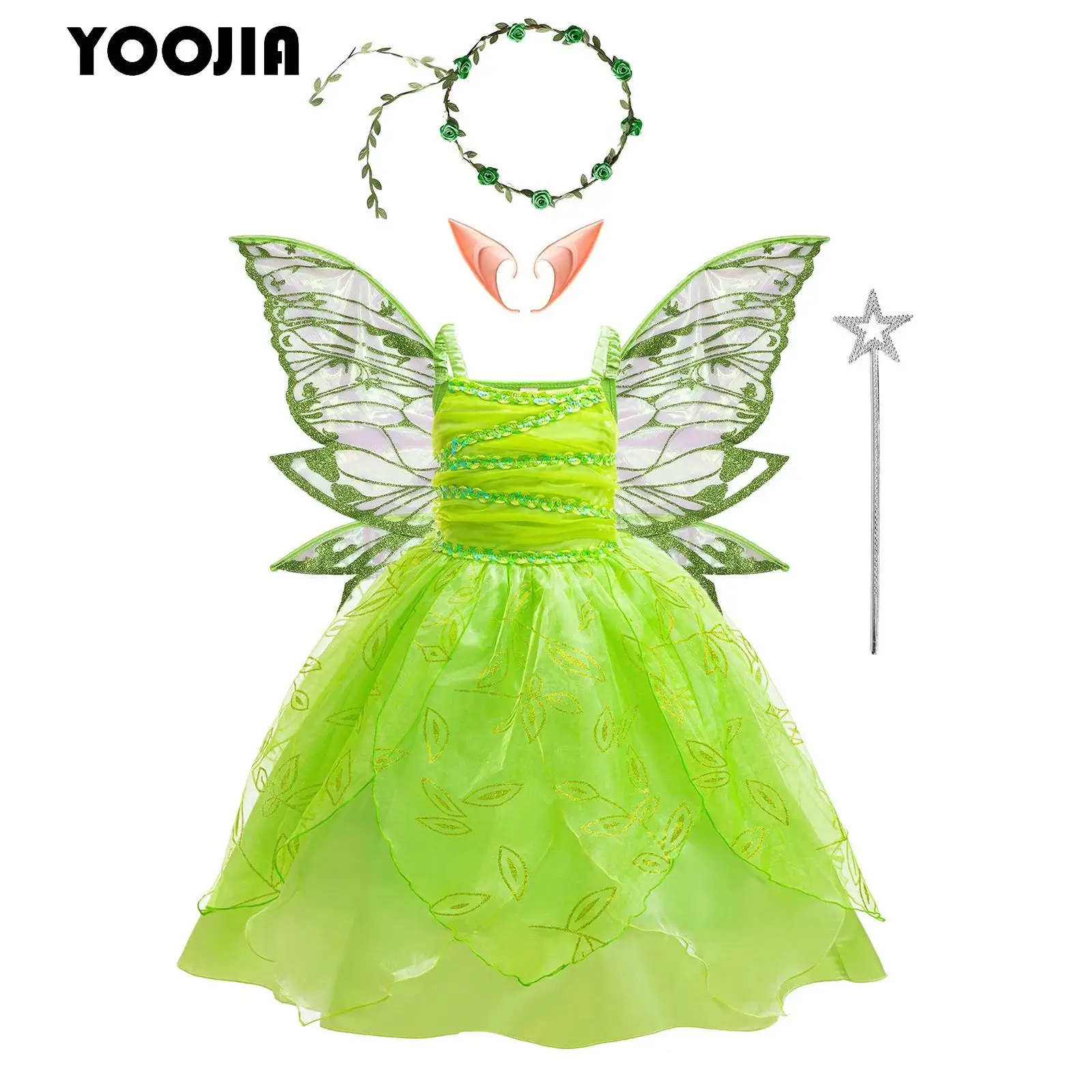Halloween Fairy Tale Elf Costume Kids Girls Green Sequins Mesh Tutu Ballet Dance Dress with Wings Birthday Performance Outfits