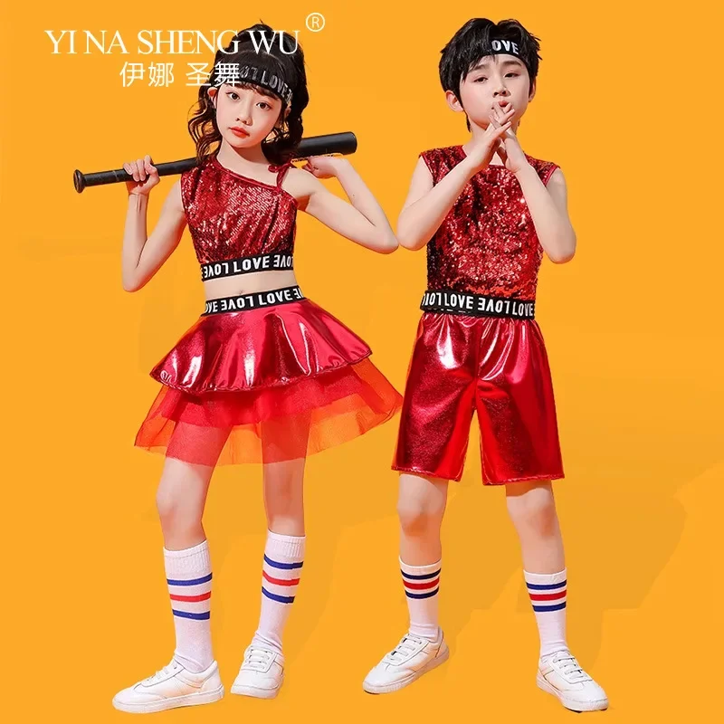 

Детские костюмы для джазовых танцев, комплект из 2 предметов с блестками для девочек и мальчиков, одежда для выступлений на сцене, топы в стиле хип-хоп, современная танцевальная одежда с шортами