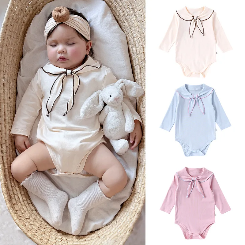 

2025 Autumn Kid Girls Rompers Cotton Long-sleeve Newborns Baby Girl Jumpsuits Bow Tie Collar Infant Girls Onesie Bodysuits