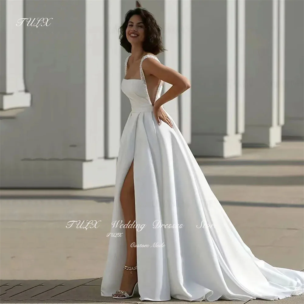 TULX Elegant Spaghetti Strap 2025 Wedding Gowns Sparkly Floor Length Sexy Side Split Bride Dresses Satin White Women Bridal Gown