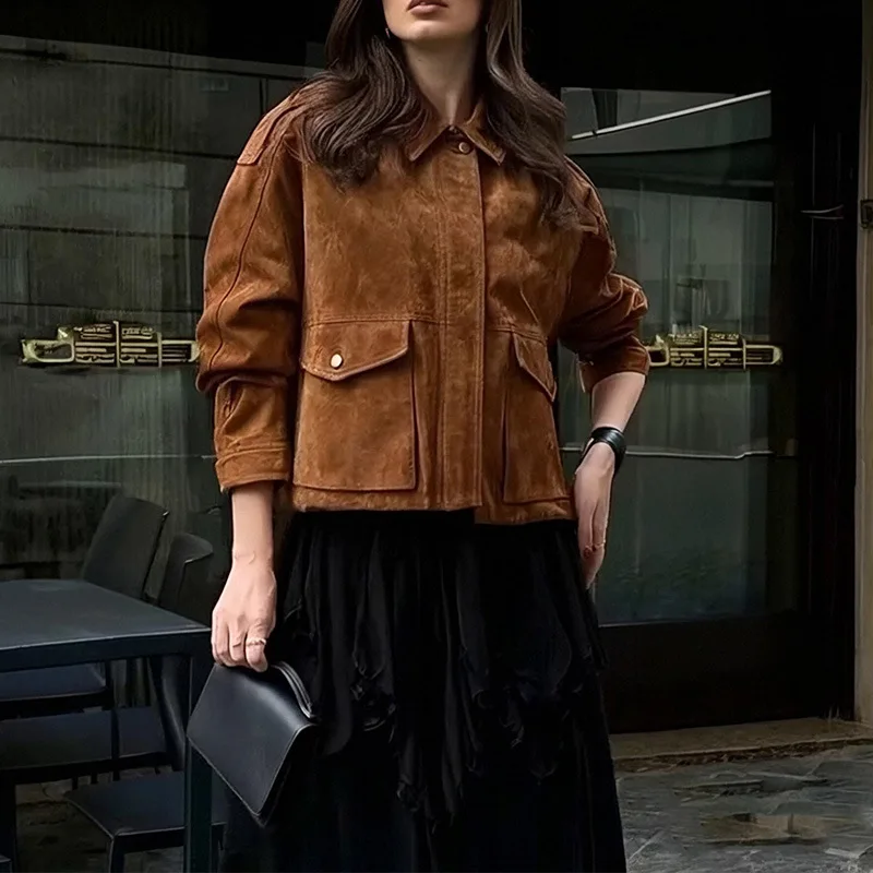 

2025 NEW Woman Fashion Suede Texture Loose Flying Jackets Casual Slim With Pockets With Zipper Coats Autumn