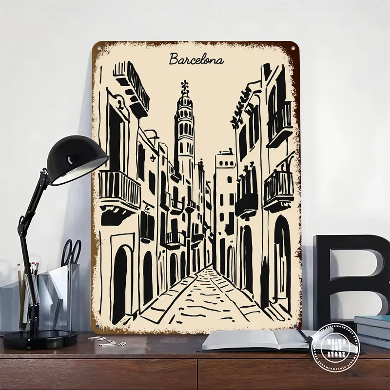 Barcelona Street Metal Poster Custom Wall Art Retro Vintage Tinplate Signs for Man Cave Modern Home Decoration Ornaments Decor
