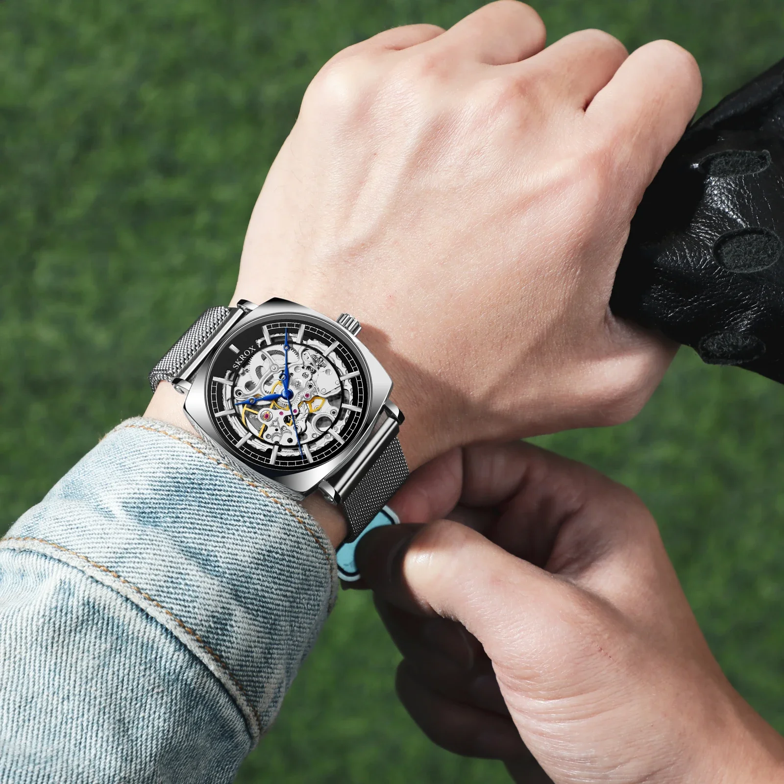 Original Luxury Brands Square Elegant Steel Skeleton Automatic Movement Man Watch Mechanical Wrist Watches Mesh Strap Clockwork