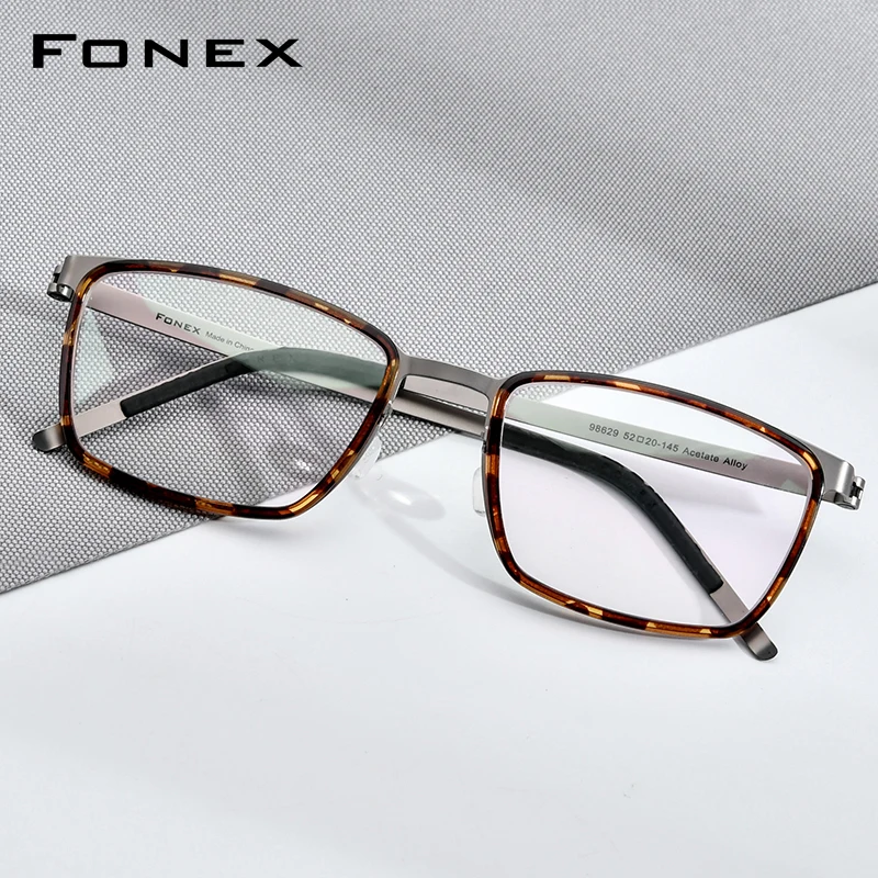 FONEX Acetate Alloy Glasses Frames Men Brand Design Square Eyeglasses Denmark Morten Screwless Japanese Ultralight Eyewear 98629