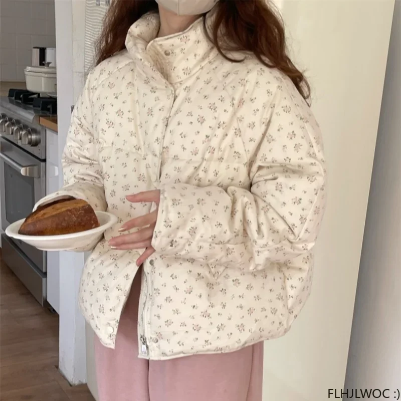 2 Colors 2024 Winter Outerwear Coats Cake Korean Style Stand Collar Floral Cute Girls Short Down Cotton Jacket for Women Parkas