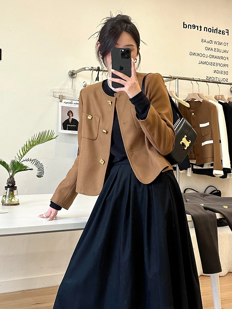 

Long Sve ort Casual Sle Women's Suit Jaet Ele Lady Top for Autumn 2023 Polyester Wool Cotton Blend Loose Fit
