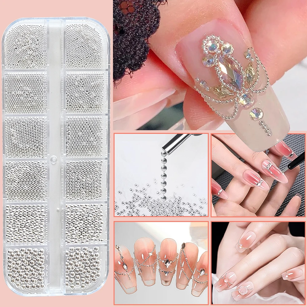 6/12Grids Nail Art Tiny Steel Caviar Nail Beads Gold/Silver Mini Metal Ball DIY Manicure Charms For Nail Art Decoration