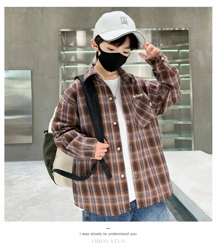Frühlings-Herbst-Jungenhemd mit Karomuster und Tasche, Langarm, Koreanischer Casual-Stil, Baumwollbluse für größere Kinder, Coole Streetwear für Kinder – Detail 3