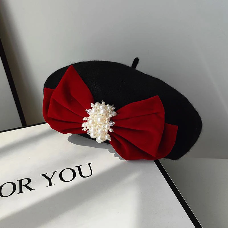 Women Autumn Winter Black Wool Painter Cap Big Velvet Bow Elegant Peals Fashion Sweet Artist Beret Hat